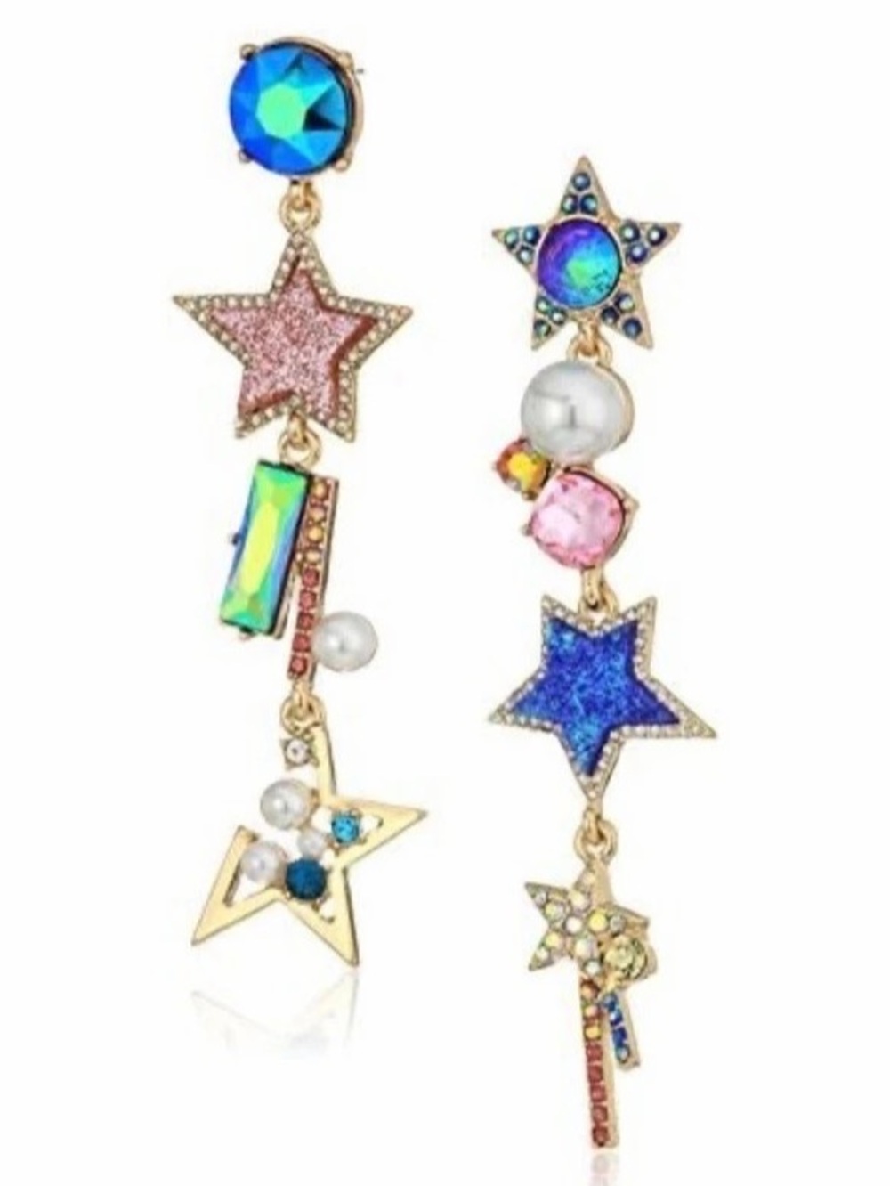 Betsey Johnson Mismatch Star Drop Earrings Blue & Pink NWT